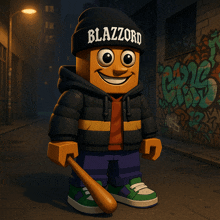 a cartoon character wearing a beanie that says blazzaro