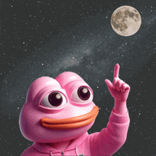 a pink frog in a pink hoodie points at the moon