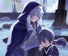 a man in a hooded cloak stands next to a boy
