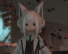 a girl with a surprised look on her face is wearing a white fox costume