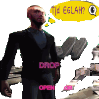 a man in a suit is standing in front of a yellow speech bubble that says tid e6lah