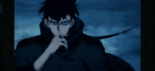 a close up of a person 's face with a sword in his mouth