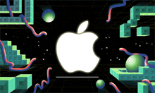 a glowing apple logo is surrounded by green cubes and balls