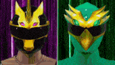 a green and a black ranger with purple eyes are standing next to each other