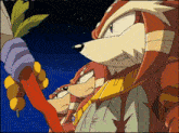 two cartoon characters standing next to each other one holding a stick