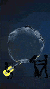 a man is playing a guitar and a woman is dancing in front of a microphone in a circle .