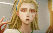 a close up of a woman 's face with a scar on her face