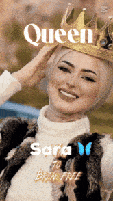 a woman wearing a hijab and a crown with the words queen sara to break free