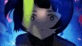 a close up of a girl 's face with a yellow light shining on it