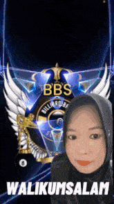 a woman in a hijab is standing in front of a bbs billiards logo
