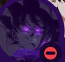 a close up of a person 's face with purple eyes