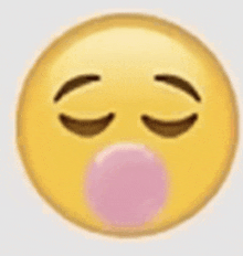 a yellow emoji with its eyes closed and a pink bubble gum in its mouth .