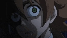 a close up of a anime character with green eyes .