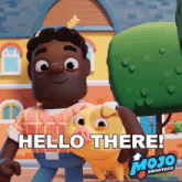 a mojo swoptops poster with a man and pig