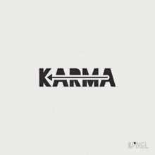 the word karma is written in black on a white background with a arrow in the middle .