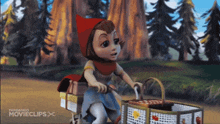 little red riding hood is riding a bike with a basket on it