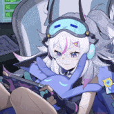 a girl wearing headphones with the letter h on it