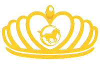 a yellow crown with a heart shaped pendant with a horse inside