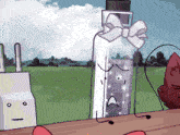 a cartoon of a bottle with a bow on it