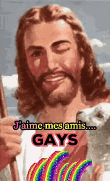 a painting of jesus with the words j'aime mes amis gays on the bottom