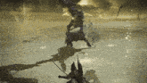 a video game shows a knight fighting a monster