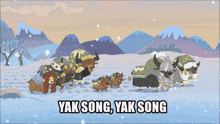 a cartoon of yaks standing in the snow with the words yak song yak song below them