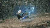 a man is fighting another man with a sword and water coming out of his sword .