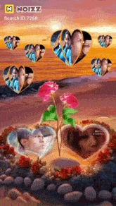 a picture of a man and a woman in heart shaped frames on a beach