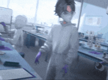 a person wearing a mask and purple gloves in a lab