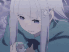 a girl with white hair and purple eyes is holding a small animal