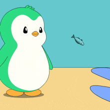 a green and white penguin is looking at a fish