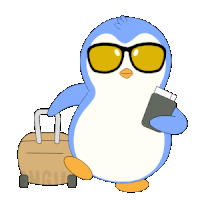 a penguin is holding a passport and a suitcase that says ncl on it