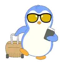 a penguin is holding a passport and a suitcase that says ncl on it