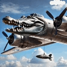 a plane with a crocodile head is flying in the sky with a fish hanging from the tail .