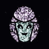 a purple and white drawing of a skull with a smile on it .