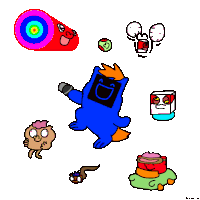 a drawing of a blue monster surrounded by other cartoon characters and objects