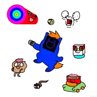 a drawing of a blue monster surrounded by other cartoon characters and objects