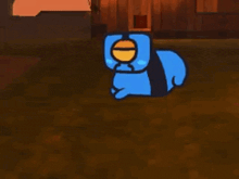 a blue and yellow cartoon character is standing in front of a building .