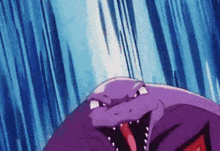 a close up of a purple cartoon character with its mouth open and teeth .