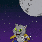 a cartoon cat is being held in someone 's hand with the words yelps ooh written below it