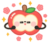 a cartoon drawing of a red apple with a face and arms