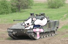 a cartoon drawing of a cat sitting on a tank