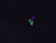 a cartoon character wearing a purple hat and a yellow flower