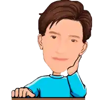 a cartoon of a man in a blue shirt holding his hand to his face