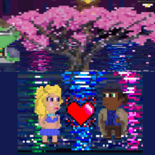 a pixel art of a man and a woman standing next to each other in front of a cherry blossom tree