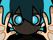 a cartoon character with blue eyes is making a peace sign with his hands