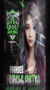 a woman with purple hair is standing in front of a circle united logo