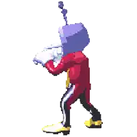 a pixel art of a cartoon character standing next to a tv