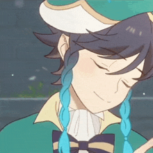 a close up of a person wearing a hat and a bow tie with their eyes closed .