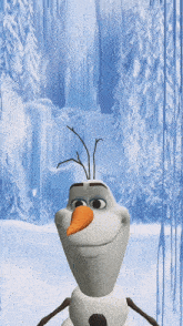 a cartoon character named olaf from frozen is smiling in front of a snowy forest